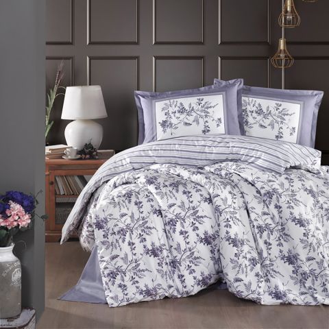 Lenjerie pat dublu Bumbac 100% Ranforce 4 piese extra large, cearsaf pat 240x260 cm, pilota 200x220 cm, 2 fete perne 50x70 cm, Alb / Mov MONTERA V2