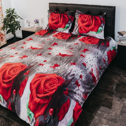 Lenjerie pat dublu Bumbac 100% Ranforce 4 piese extra large, cearsaf pat 240x260 cm, pilota 200x220 cm, 2 fete perne 50x70 cm, Rosu / Gri RNF_13