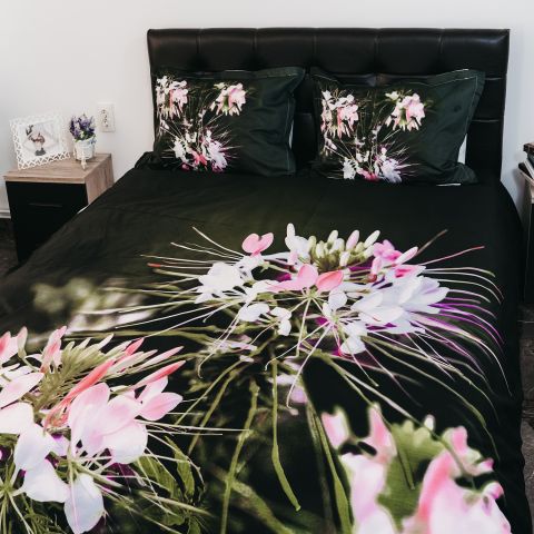 Lenjerie pat dublu Bumbac 100% Ranforce 4 piese extra large, cearsaf pat 240x260 cm, pilota 200x220 cm, 2 fete perne 50x70 cm, Roz / Negru RNF_9