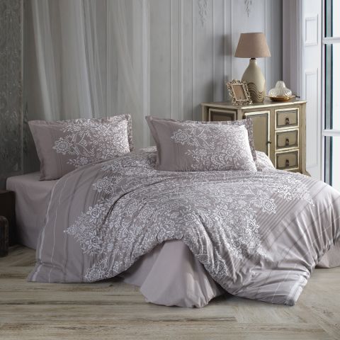Lenjerie pat dublu Bumbac 100% Ranforce 4 piese extra large, cearsaf pat 240x260 cm, pilota 200x220 cm, 2 fete perne 50x70 cm, Alb / Bej RUTE