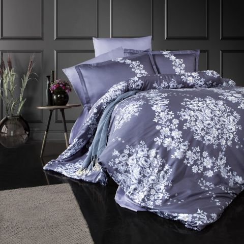 Lenjerie pat premium Lux Satin 100% Bumbac, 4 piese king size, cearsaf 240x260 cm, pilota 200x220 cm, 2 fete perne 50x70 cm, Mov Elegant, Melrose V2