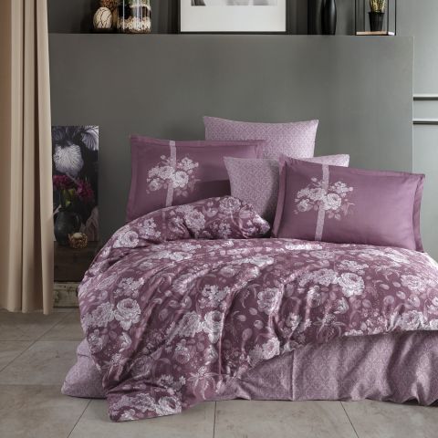 Lenjerie pat premium Lux Satin 100% Bumbac, 4 piese king size, cearsaf 240x260 cm, pilota 200x220 cm, 2 fete perne 50x70 cm, Mov Elegant, Monica V1