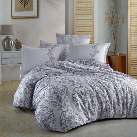 Lenjerie pat premium Lux Satin 100% Bumbac, 4 piese king size, cearsaf 240x260 cm, pilota 200x220 cm, 2 fete perne 50x70 cm, Gri Elegant, Olinda