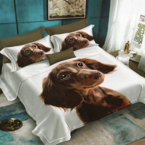 Lenjerie de pat dublu bumbac Finet 3D 6 piese 220 x 240 cm, Catelusi, Alb Maro, Pucioasa FN3D24