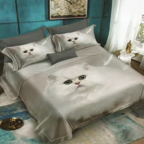 Lenjerie de pat dublu bumbac Finet 3D 6 piese 220 x 240 cm, Pisicuta ochii verzi, Alb Gri, Pucioasa FN3D25