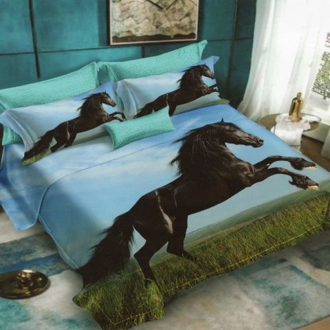 Lenjerie de pat dublu bumbac Finet 3D 6 piese 220 x 240 cm, Peisaj cal, Albastru Negru, Pucioasa FN3D30