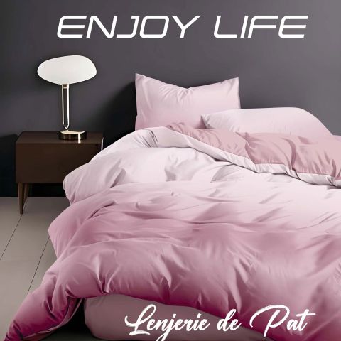 Lenjerie pat Finet Enjoy Life 4 piese, cearșaf pat 240x260 cm, pilotă 200x230 cm, 2 fețe perne 50x70 cm, Alb-Roz