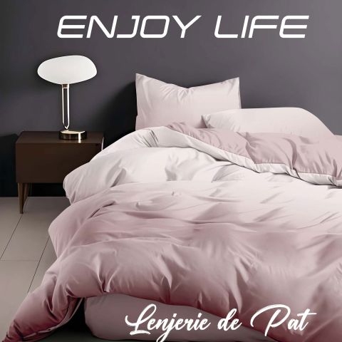 Lenjerie pat Finet Enjoy Life 4 piese, cearșaf pat 240x260 cm, pilotă 200x230 cm, 2 fețe perne 50x70 cm, Alb-Maro
