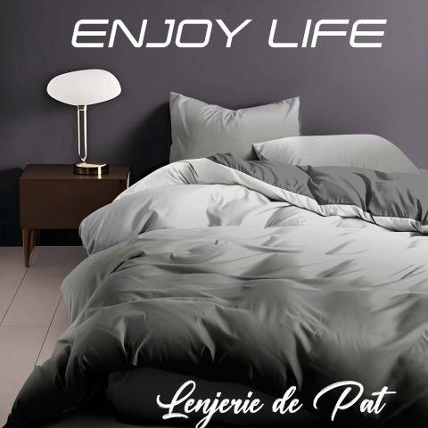 Lenjerie pat Finet Enjoy Life 4 piese, cearșaf pat 240x260 cm, pilotă 200x230 cm, 2 fețe perne 50x70 cm, Gri-Negru