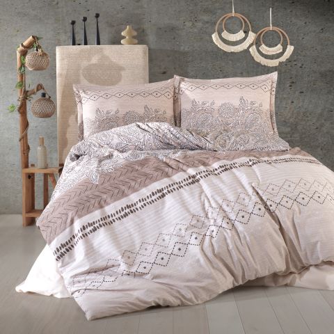 Lenjerie pat dublu Bumbac 100% Ranforce 4 piese extra large, cearsaf pat 240x260 cm, pilota 200x220 cm, 2 fete perne 50x70 cm,  Bej MAHFER