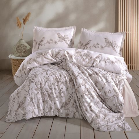 Lenjerie pat dublu Bumbac 100% Ranforce 4 piese extra large, cearsaf pat 240x260 cm, pilota 200x220 cm, 2 fete perne 50x70 cm, Bej MEVLIN