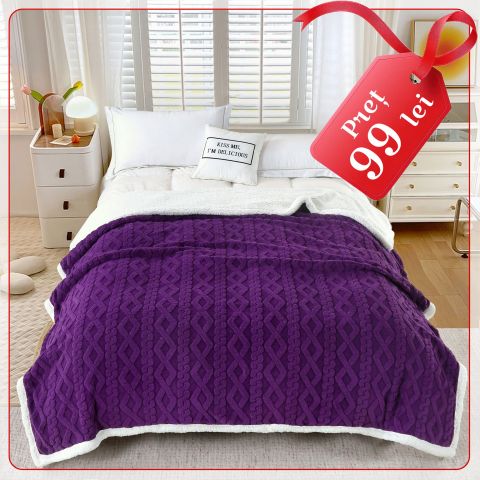 Patura cu blanita model tip Tricot, pentru pat dublu 200 x 230 cm, Mov
