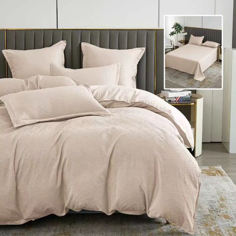 Lenjerie de pat dublu Finet Natur UNI Baroque 6 piese cearsaf pat 230x250 cm, pilota 200x230 cm, 2 fete perna 50x70 si 70x70 cm, Bej, Pucioasa
