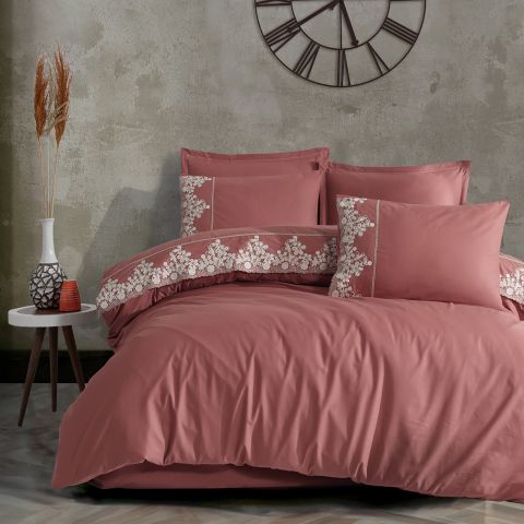 Lenjerie pat dublu Jacquard 100% Bumbac 6 piese, cearsaf pat 240x260 cm, pilota 200x220 cm, 2 fete perne 50x70 si 70x70 cm, Clasy, Rosu OSELA V3