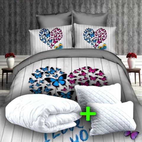 Pachet promo lenjerie pat dublu digital print 3D + 2 perne + pilotă (P3D2)