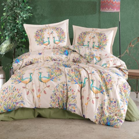 Lenjerie pat dublu Bumbac 100% Ranforce 4 piese extra large, cearsaf pat 240x260 cm, pilota 200x220 cm, 2 fete perne 50x70 cm, Verde PAVONE