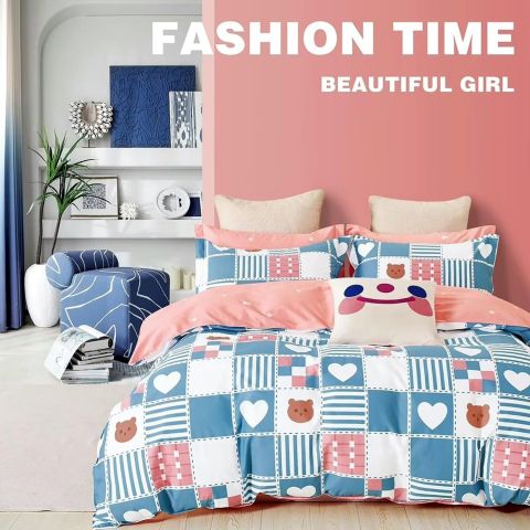 Lenjerie pat dublu 6 piese Percale Bumbac 100%, 6 piese, cu husa saltea 160x200 sau 180x200 cm, pilota 200x230 cm, 2 fete perna 50x70 cm si 70x70 cm, Ursulet Roz / Albastru, Pucioasa