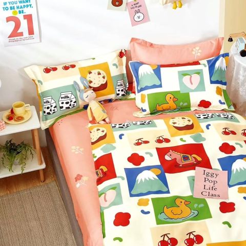 Lenjerie pat dublu 6 piese Percale Bumbac 100%, 6 piese, cu husa saltea 160x200 sau 180x200 cm, pilota 200x230 cm, 2 fete perna 50x70 cm si 70x70 cm, Copii ratusca Bej, Pucioasa