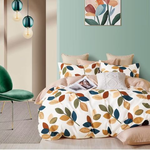 Lenjerie de pat dublu king size Percalle imprimat Bumbac 100% 6 piese cearsaf pat 240x260 cm, pilota 200x230 cm, 2 fete perne 50x70 cm, 2 fete perne 70x70 cm Frunze Bej, Pucioasa