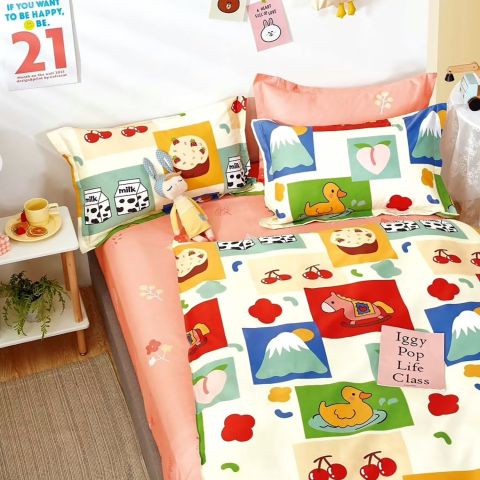 Lenjerie de pat o persoana Percalle imprimat Bumbac 100% 3 piese cearsaf pat 160x240 cm, pilota 150x220 cm, fata perna 50x70 cm, Copii ratusca Bej Pucioasa