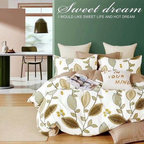 Lenjerie de pat o persoana Percalle imprimat Bumbac 100% 3 piese cearsaf pat 160x240 cm, pilota 150x220 cm, fata perna 50x70 cm, Frunze Verde / Maro, Pucioasa