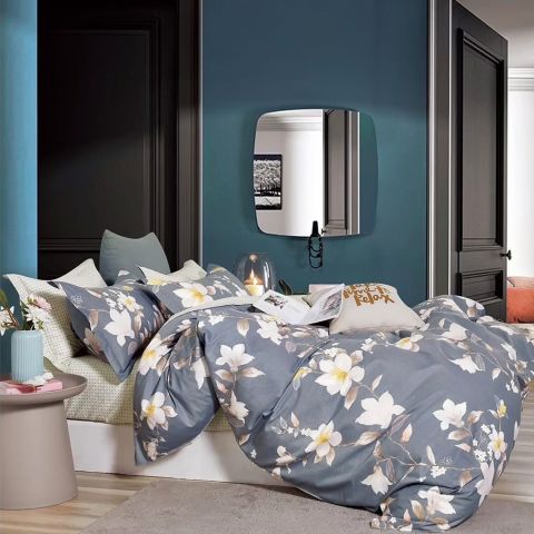 Lenjerie de pat dublu king size Percalle imprimat Bumbac 100% 6 piese cearsaf pat 240x260 cm, pilota 200x230 cm, 2 fete perne 50x70 cm, 2 fete perne 70x70 cm Flori Alb / Gri, Pucioasa