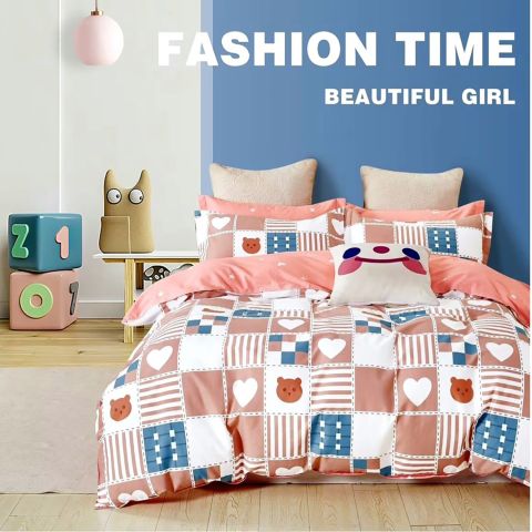 Lenjerie de pat dublu king size Percalle imprimat Bumbac 100% 6 piese cearsaf pat 240x260 cm, pilota 200x230 cm, 2 fete perne 50x70 cm, 2 fete perne 70x70 cm Ursuleti si inimioare Roz / Maro, Pucioasa