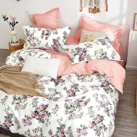 Lenjerie de pat dublu king size Percalle imprimat Bumbac 100% 6 piese cearsaf pat 240x260 cm, pilota 200x230 cm, 2 fete perne 50x70 cm, 2 fete perne 70x70 cm Flori Alb / Roz, Pucioasa