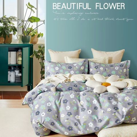 Lenjerie de pat dublu king size Percalle imprimat Bumbac 100% 6 piese cearsaf pat 240x260 cm, pilota 200x230 cm, 2 fete perne 50x70 cm, 2 fete perne 70x70 cm Flori Bej / Gri, Pucioasa