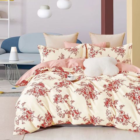 Lenjerie pat dublu 6 piese Percale Bumbac 100%, 6 piese, cu husa saltea 160x200 sau 180x200 cm, pilota 200x230 cm, 2 fete perna 50x70 cm si 70x70 cm, Crengute Roz / Crem, Pucioasa