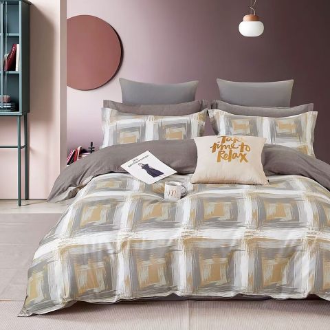 Lenjerie pat dublu 6 piese Percale Bumbac 100%, 6 piese, cu husa saltea 160x200 sau 180x200 cm, pilota 200x230 cm, 2 fete perna 50x70 cm si 70x70 cm, Moderna Gri / Maro, Pucioasa
