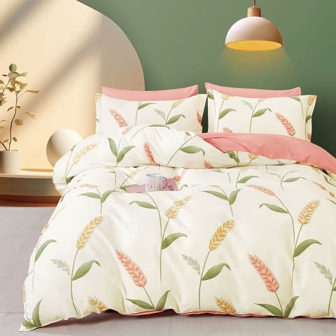 Lenjerie pat dublu 6 piese Percale Bumbac 100%, 6 piese, cu husa saltea 160x200 sau 180x200 cm, pilota 200x230 cm, 2 fete perna 50x70 cm si 70x70 cm, Spic de grau Roz / Galben, Pucioasa