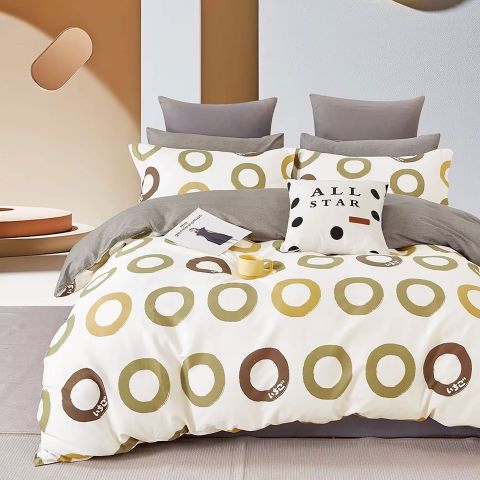 Lenjerie pat dublu 6 piese Percale Bumbac 100%, 6 piese, cu husa saltea 160x200 sau 180x200 cm, pilota 200x230 cm, 2 fete perna 50x70 cm si 70x70 cm, Cercuri Bej / Verde, Pucioasa