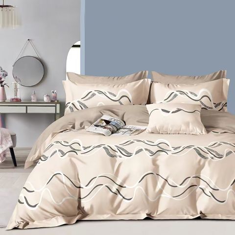 Lenjerie pat dublu 6 piese Percale Bumbac 100%, 6 piese, cu husa saltea 160x200 sau 180x200 cm, pilota 200x230 cm, 2 fete perna 50x70 cm si 70x70 cm, Moderna Bej, Pucioasa