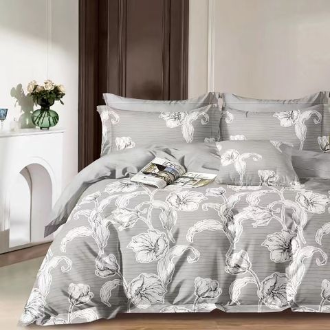 Lenjerie pat dublu 6 piese Percale Bumbac 100%, 6 piese, cu husa saltea 160x200 sau 180x200 cm, pilota 200x230 cm, 2 fete perna 50x70 cm si 70x70 cm, Flori Gri, Pucioasa
