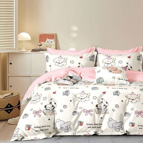 Lenjerie pat dublu extra large Percalle imprimat Bumbac 100%, 6 piese, cearsaf pat 240x260 cm, pilota 200x230 cm, 2 fete perna 50x70 cm si 70x70 cm, Imprimeu animalute Alb / Roz, Pucioasa