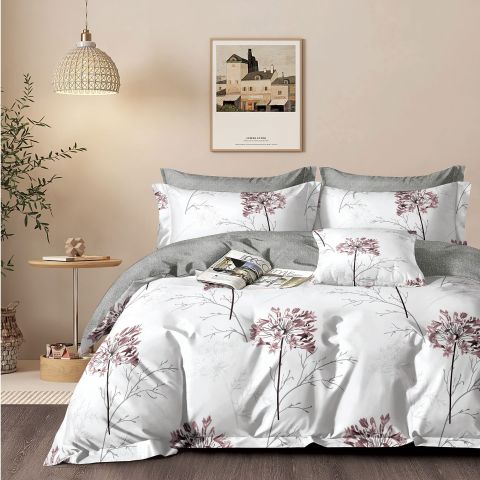 Lenjerie pat dublu Percalle imprimat Bumbac 100%, 4 piese, cearsaf pat 240x260 cm, pilota 200x230 cm, 2 fete perna 50x70 cm, Moderna Roz / Gri, Pucioasa