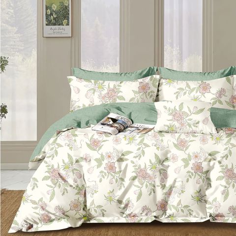 Lenjerie pat dublu 6 piese Percale Bumbac 100%, 6 piese, cu husa saltea 160x200 sau 180x200 cm, pilota 200x230 cm, 2 fete perna 50x70 cm si 70x70 cm, Floricele Crem / Verde, Pucioasa