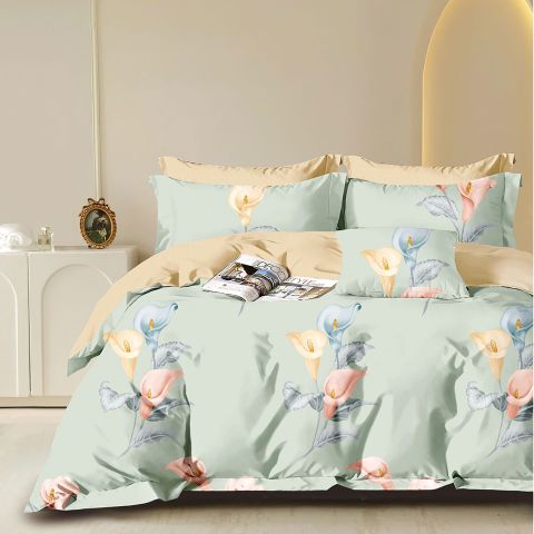 Lenjerie pat dublu 6 piese Percale Bumbac 100%, 6 piese, cu husa saltea 160x200 sau 180x200 cm, pilota 200x230 cm, 2 fete perna 50x70 cm si 70x70 cm, Cale Galben / Verde, Pucioasa