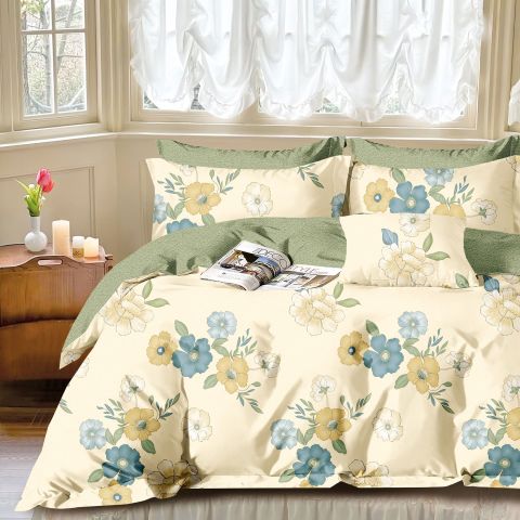 Lenjerie pat dublu 6 piese Percale Bumbac 100%, 6 piese, cu husa saltea 160x200 sau 180x200 cm, pilota 200x230 cm, 2 fete perna 50x70 cm si 70x70 cm, Flori Crem / Verde, Pucioasa