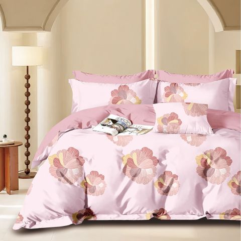 Lenjerie pat dublu 6 piese Percale Bumbac 100%, 6 piese, cu husa saltea 160x200 sau 180x200 cm, pilota 200x230 cm, 2 fete perna 50x70 cm si 70x70 cm, Floare Roz / Galben, Pucioasa