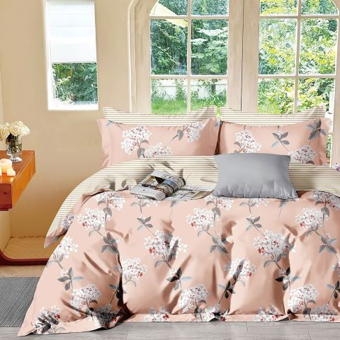 Lenjerie pat dublu 6 piese Percale Bumbac 100%, 6 piese, cu husa saltea 160x200 sau 180x200 cm, pilota 200x230 cm, 2 fete perna 50x70 cm si 70x70 cm, Flori Alb / Portocaliu, Pucioasa