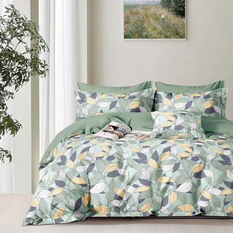 Lenjerie pat dublu 6 piese Percale Bumbac 100%, 6 piese, cu husa saltea 160x200 sau 180x200 cm, pilota 200x230 cm, 2 fete perna 50x70 cm si 70x70 cm, Frunze Galben / Verde, Pucioasa