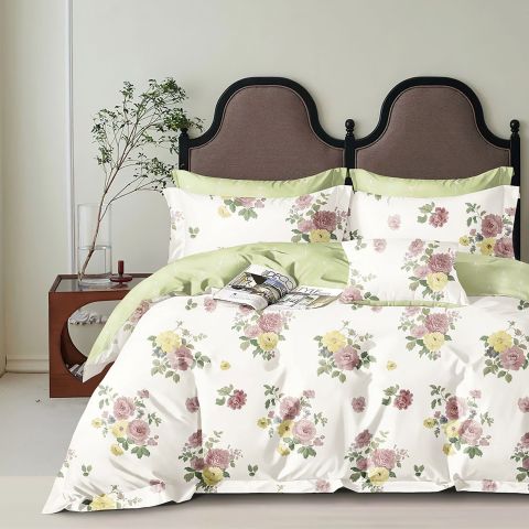 Lenjerie pat dublu 6 piese Percale Bumbac 100%, 6 piese, cu husa saltea 160x200 sau 180x200 cm, pilota 200x230 cm, 2 fete perna 50x70 cm si 70x70 cm, Flori Galben / Verde, Pucioasa