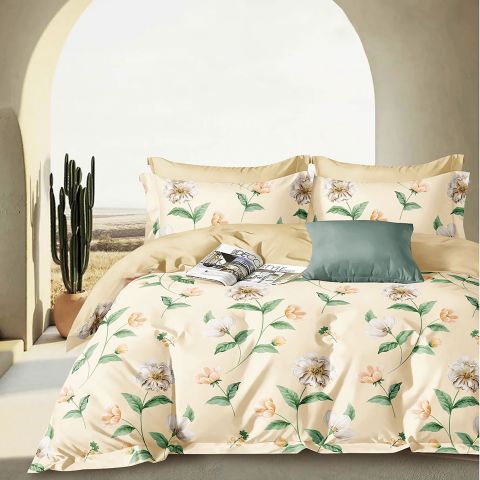 Lenjerie pat dublu 6 piese Percale Bumbac 100%, 6 piese, cu husa saltea 160x200 sau 180x200 cm, pilota 200x230 cm, 2 fete perna 50x70 cm si 70x70 cm, Flori Verde / Bej, Pucioasa
