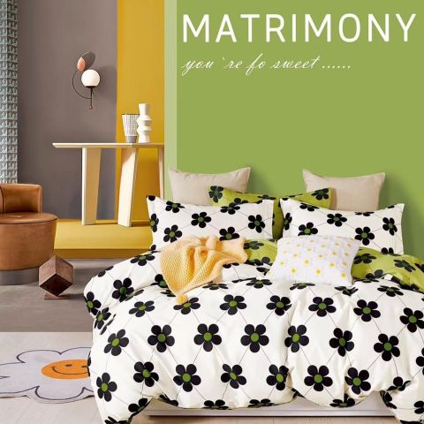 Lenjerie pat dublu 6 piese Percale Bumbac 100%, 6 piese, cu husa saltea 160x200 sau 180x200 cm, pilota 200x230 cm, 2 fete perna 50x70 cm si 70x70 cm, Flori Crem / Verde, Pucioasa