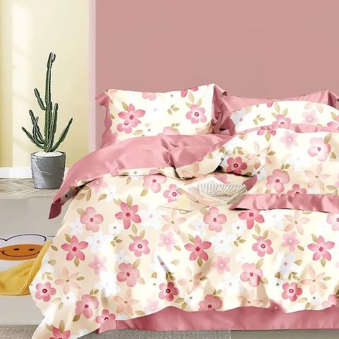 Lenjerie pat dublu 6 piese Percale Bumbac 100%, 6 piese, cu husa saltea 160x200 sau 180x200 cm, pilota 200x230 cm, 2 fete perna 50x70 cm si 70x70 cm, Flori Roz, Pucioasa