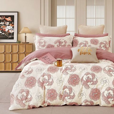 Lenjerie pat dublu 6 piese Percale Bumbac 100%, 6 piese, cu husa saltea 160x200 sau 180x200 cm, pilota 200x230 cm, 2 fete perna 50x70 cm si 70x70 cm, Eleganta Roz, Pucioasa