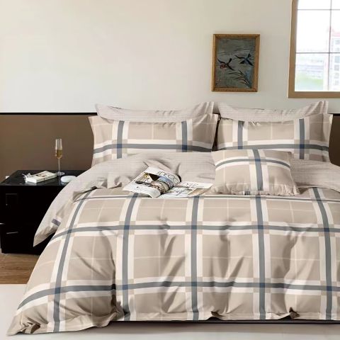 Lenjerie pat dublu extra large Percalle imprimat Bumbac 100%, 6 piese, cearsaf pat 240x260 cm, pilota 200x230 cm, 2 fete perna 50x70 cm si 70x70 cm, Patrat Bej / Gri, Pucioasa