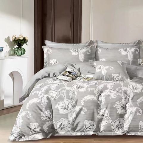 Lenjerie pat dublu extra large Percalle imprimat Bumbac 100%, 6 piese, cearsaf pat 240x260 cm, pilota 200x230 cm, 2 fete perna 50x70 cm si 70x70 cm, Flori Gri, Pucioasa